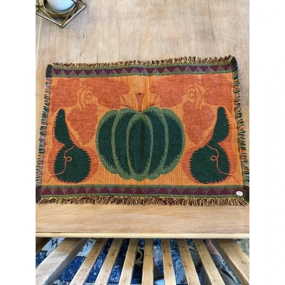 Vintage Fall Pumpkin Gourds Tapestry Placemats Set Woven Fringe Autumn Decor‎